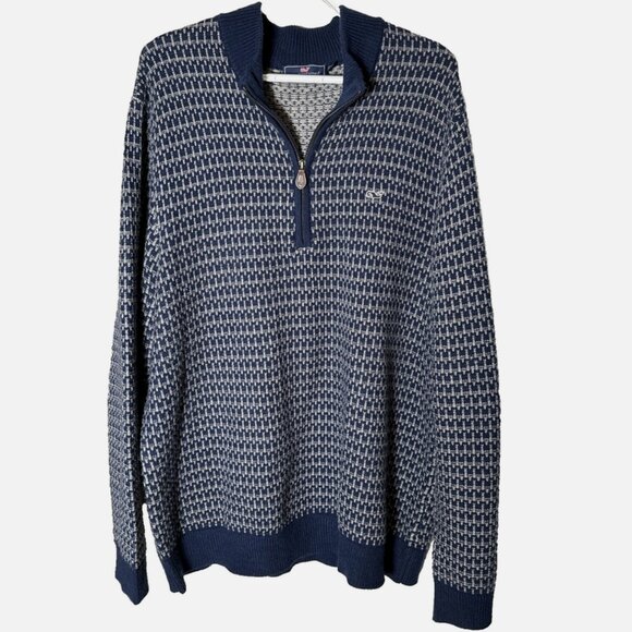 Vineyard Vines 1/4 Zip Knit Sweater Mens XXL Blue Gray Geometric Whale Classic - Picture 1 of 10